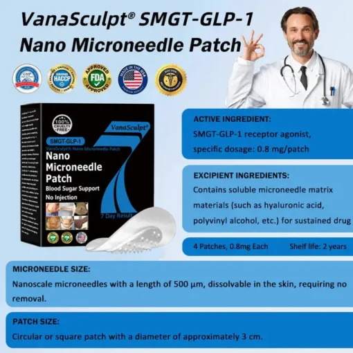 VanaSculpt® Nano Microneedle Patch: SMGT-GLP-1 & Matrixyl 3000 – Slimming, Skin Tightening, Blood Sugar Support, No Injection, 7-Day Result